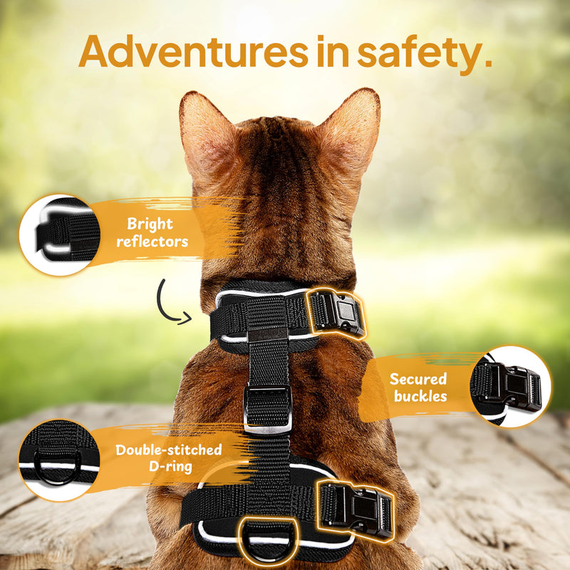 Cat Harness and Lead Set - Escape Proof Kitten Harness - Adjustable Cat Harness - Black, Size S S (18-29cm) (33-44cm) - PawsPlanet Australia