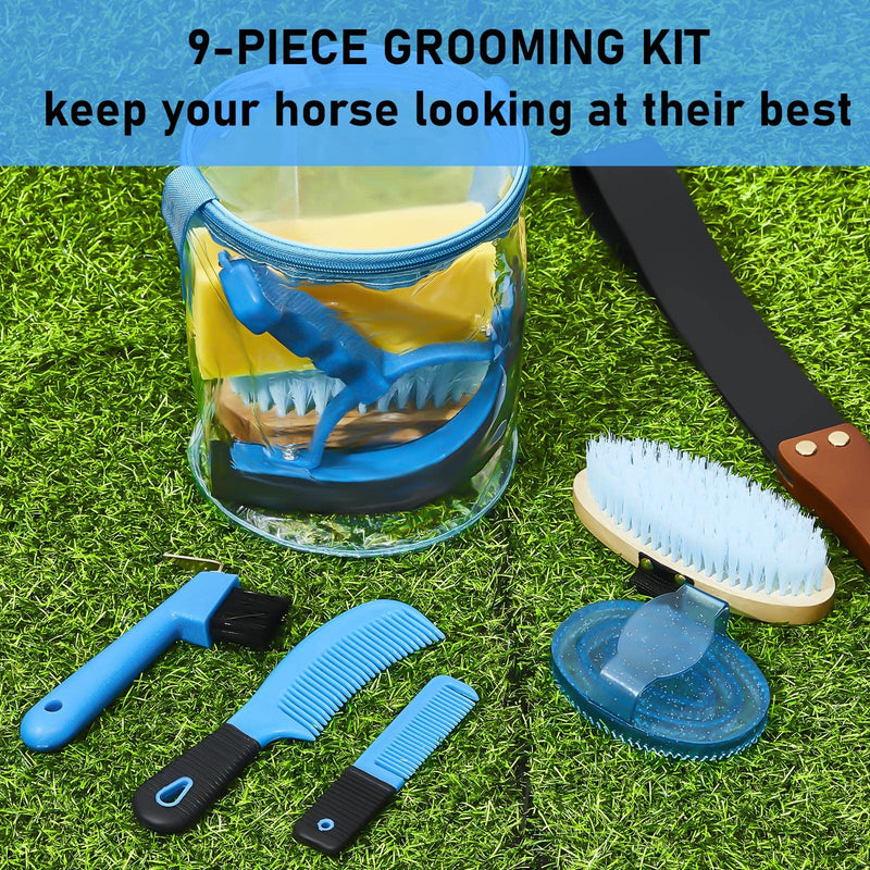 Cunhill 9 Pcs Horse Grooming Kit Tack Room Supplies Set with Tote Bag, Oval Massage Curry, Hard and Soft Brush, Hoof Pick, Sweat Scraper, Bathing Sponge, Comb for Horse Rider(Cute,Blue) Cute Blue