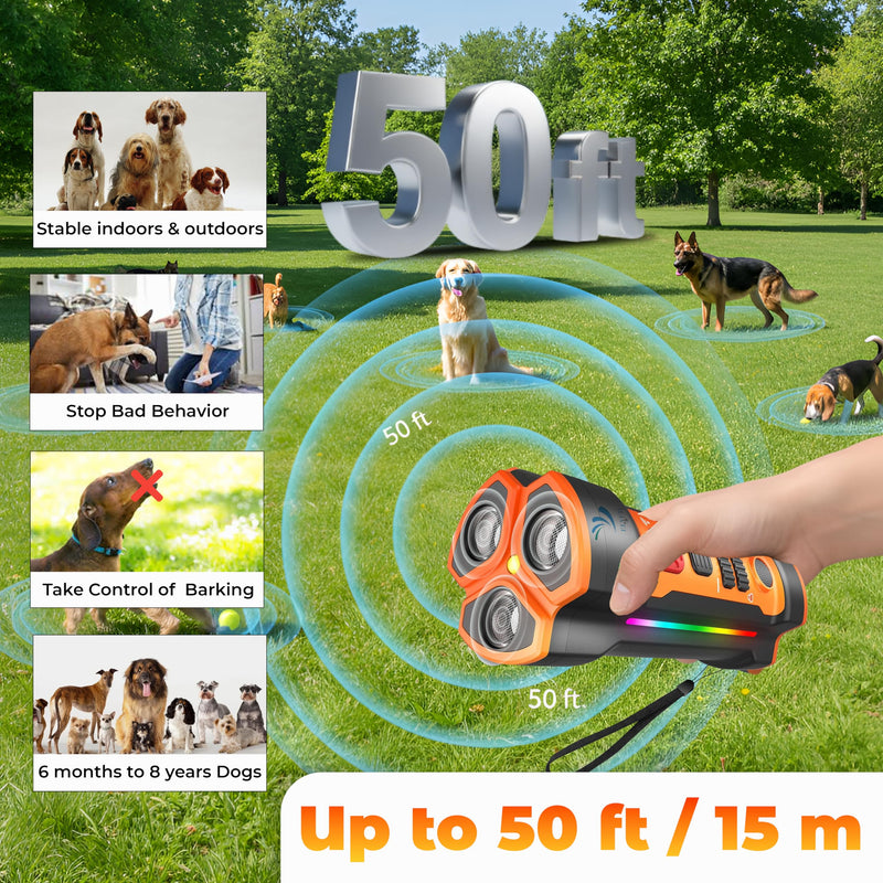 Ultrasonic Dog Bark Deterrent Device, 3x Training Modes 50ft Range with Flash Light & Comb, Stop Barking Dog Deterrent Device for Neighbors Dogs, Anti Barking Puppy Training Tool for Indoor Outdoor