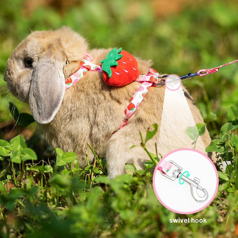 Rabbit Harness and Leash - Adjustable Bunny Harness Escape Proof for Walking Running Hiking Camping Outdoor - Pink Strawberry Pattern Cute Small Animal Harness Leash Set Neck 6.3"-9.8", Chest 7.8"-13.7" - PawsPlanet Australia