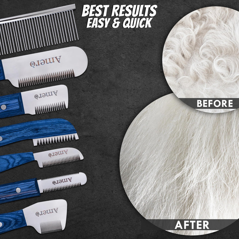 Premium 7-Piece Pet Grooming & Stripping Knife Kit with Bonus Comb – Professional Undercoat Removal Tools, Stainless Steel Blades & Ergonomic Wooden Handles for Dogs & Cats