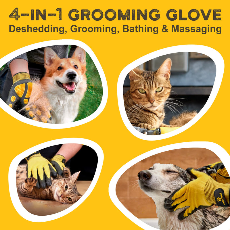 Pet Grooming and Bathing Gloves - Effective Pet Hair Remover for Cats, Dogs & Horses - Long & Short Fur - Deshedding Gloves for Pets Yellow