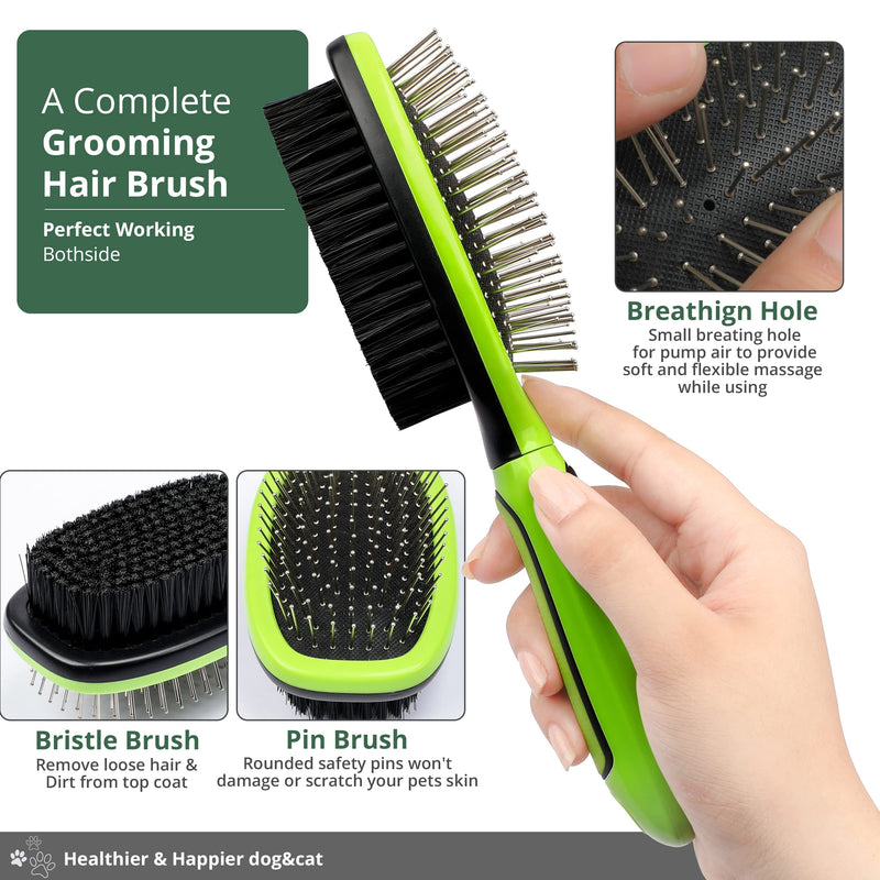 Double Sided Dog Brush, Grooming Brush with Rounded Pins & Bristles, Dog Brushes for Grooming with Anti Slip Handle & Free Cleaning Tool.