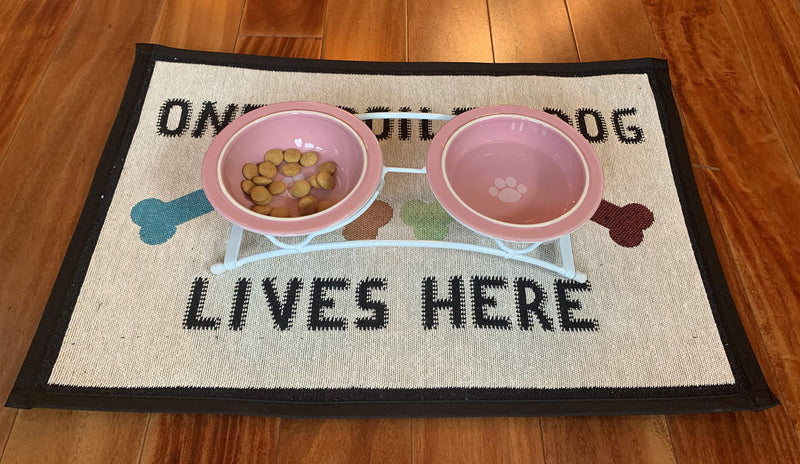 PetRageous 44355 Toftees Paws Diner with Two 1-Cup Dishwasher Safe Stoneware Bowl Capacity 10.75-Inch Length 2.25-Inch Tall for Extra Small and Small Dogs and Cats, White Diner with Pink Bowls