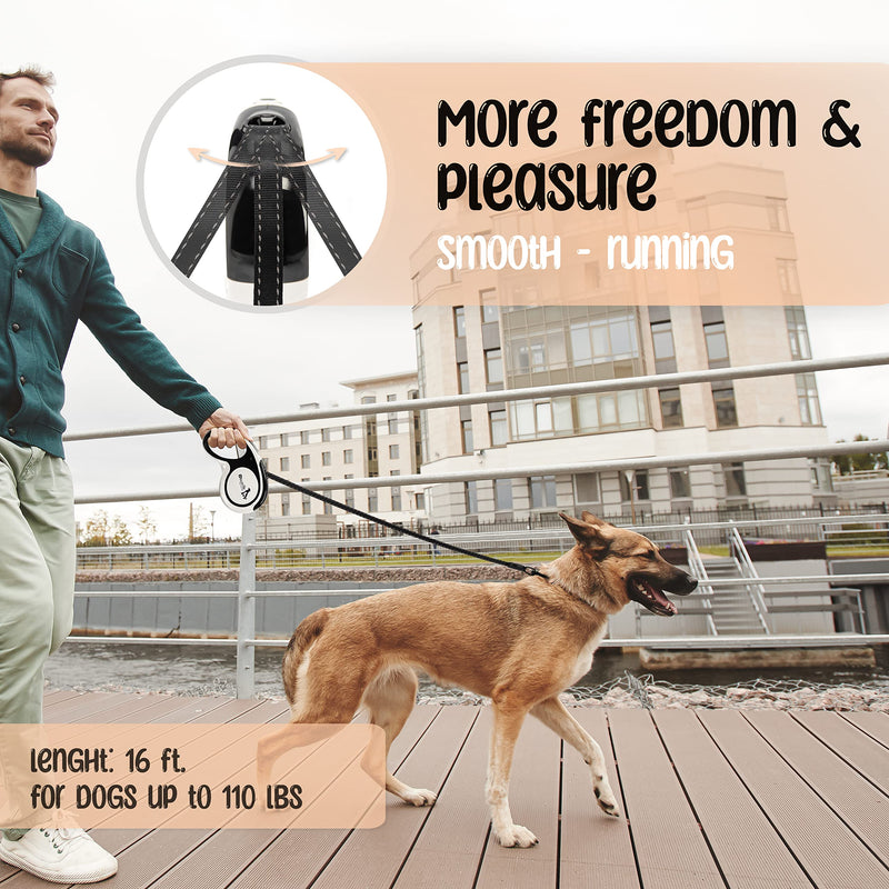 16ft Retractable Leash with Reflector Strips, for Medium & Large Dogs up to 110lb, Extendable Dog Lead Nylon Belt with 360° Snap Hook, Reliable One-Hand Braking System Anti-Slip Grip, Size:L L