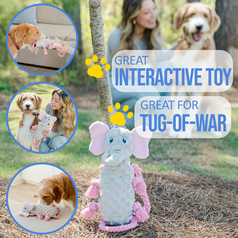 Squeaky Dog Stuffed Animals Chew Toy - Crinkle Paper Tug of War Rope Plush Dog Toy - Soft Tough Squeaker Dog Entertainment Toys for Home Alone - Fun Boredom Busters for Dogs - Elephant - PawsPlanet Australia