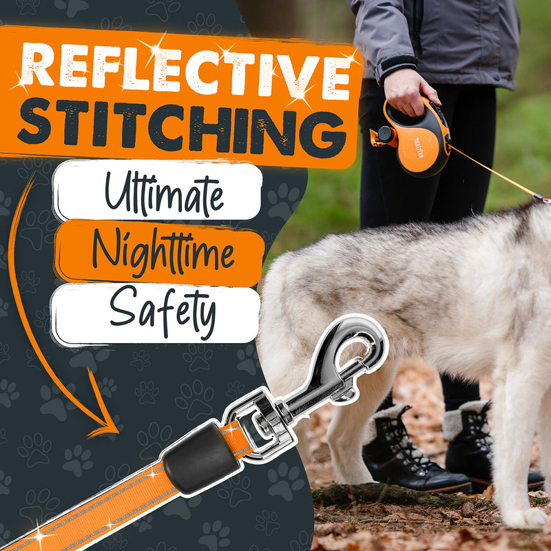 Mighty Paw Retractable Leash with Built-in Poop Bag Holder | 16' Long Retractable Dog Leash for Small Dogs, Medium Breeds & Large Pets with Tape for Quick Control. Poop Bags Included Orange Lite | 0 - 23 kg - PawsPlanet Australia