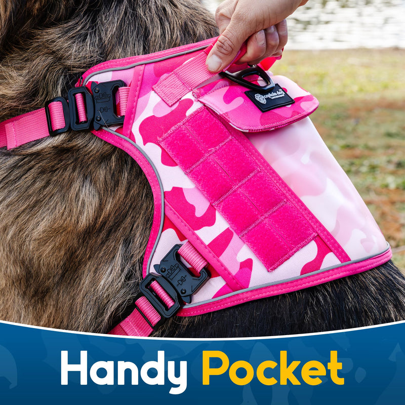 No Pull Dog Harness for Large Dogs, 4 Metal Buckles&Double Stitching CAPTAIN DOG - Reflective Harness Large Size Dog with 2 Removable Patches, Tactical Dog Harness with Poop Bag Holder - Pink Camo - PawsPlanet Australia