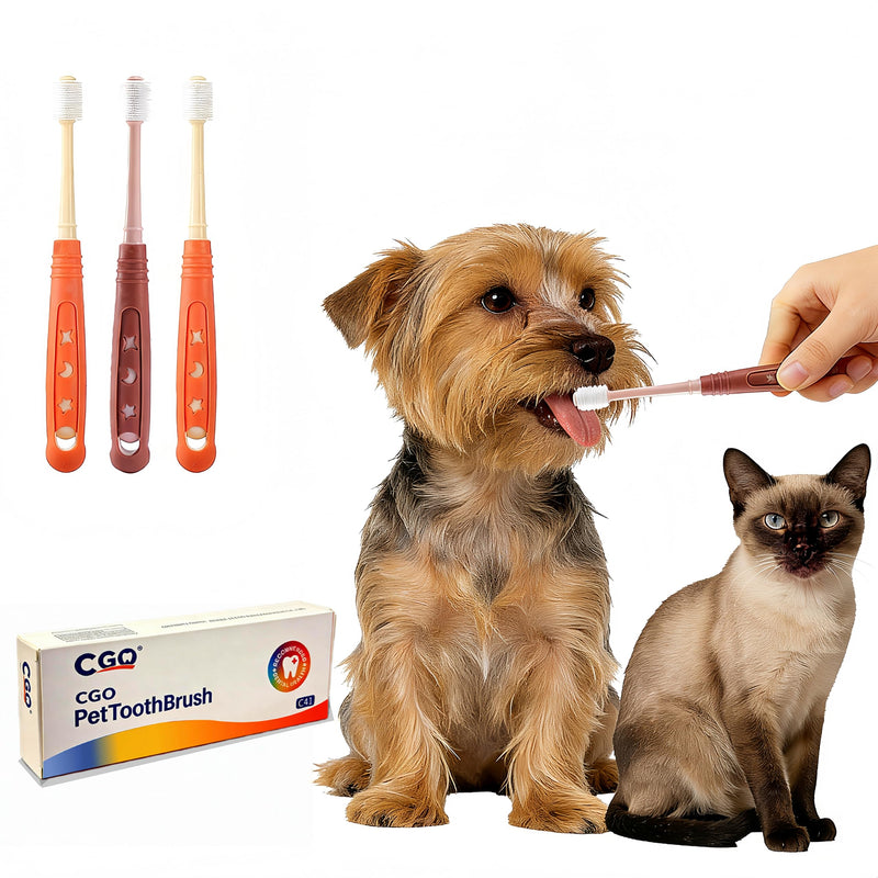 CGO Silicone 360° Toothbrush for Small Dogs & Cats - 3 Pack Round Head Pet Toothbrush, Gentle Chewable Brush with Soft Bristles, Dental Care Kit for Puppy Kitten Oral Hygiene (2 Orange, 1 Brown) 2 Orange and 1 Brown