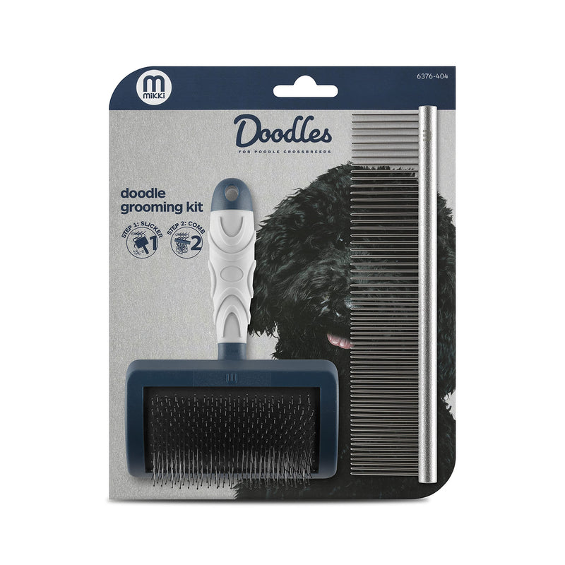 Mikki Dog Puppy Stainless Steel Comb and Hard Pin Slicker Brush, for Cockapoos, Labradoodles, Cavapoos and Golden Doodles - Starter Set 2pcs, Blue, Grey,Small Grooming Kit - PawsPlanet Australia