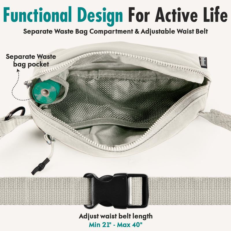 Hands Free Dog Leash with Dog Treat Pouch - Stylish & Trendy Waist Leash for Dog Walking - Wear Around The Waist or Crossbody - Durable & Detachable - Shock Absorbing - Waste Bag Dispenser Ivory - PawsPlanet Australia