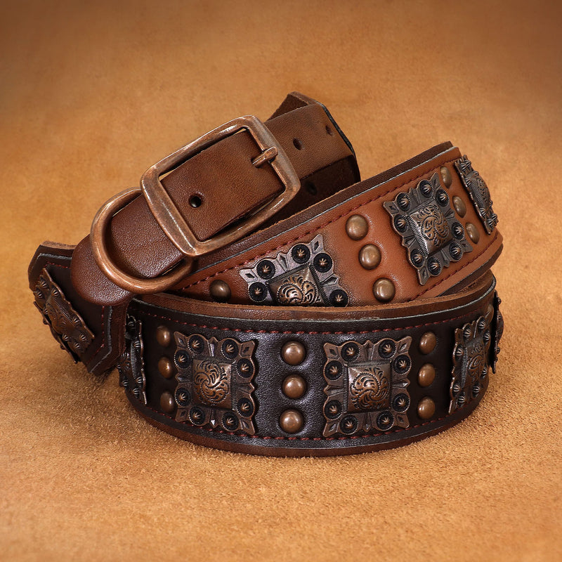 PET ARTIST Stylish Genuine Leather Dog Collar,2 inch Wide Soft Padded Leather Dog Collar for Medium & Large Dogs,Hand Made with Rivet Studded,Brown,Neck 19-22" L:Neck 19"-22"(47-55CM),Width 2" Brown - PawsPlanet Australia
