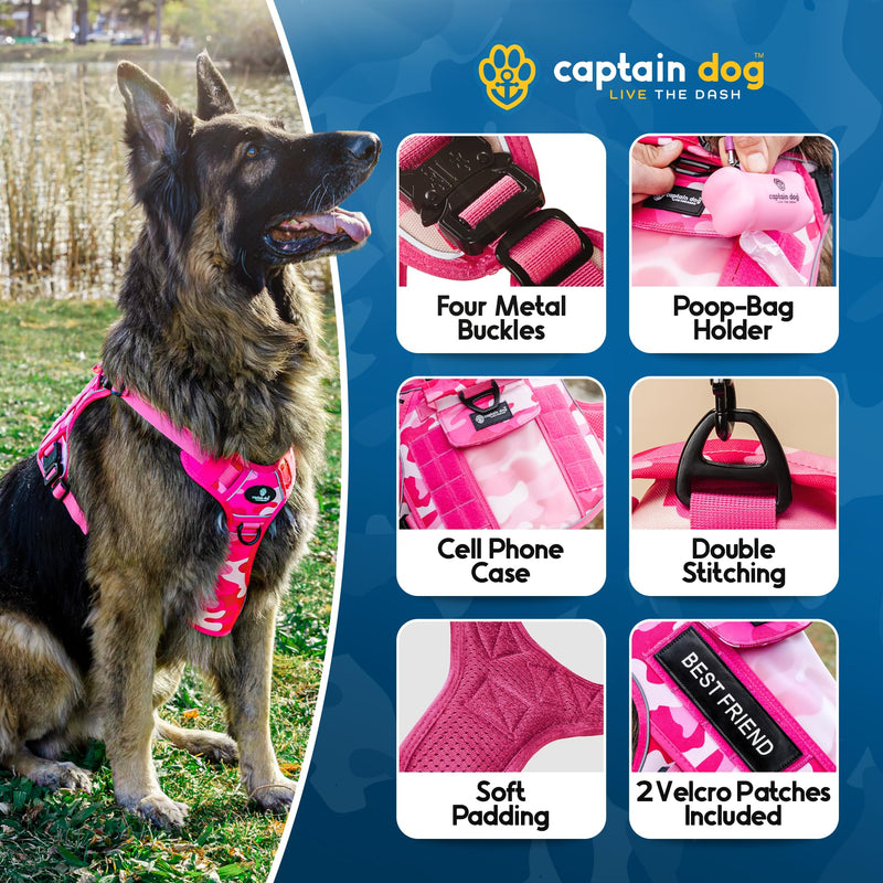 Pink No Pull Harness Vest for Medium Sized Dog with 4 Metal Buckles & Double Stitching CAPTAIN DOG - Reflective Pink Camo, Heavy Duty Girly Dog Harness, Tactical Harness with Poop Bag Holder. - PawsPlanet Australia