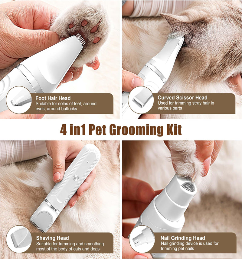 Flintronic 4 in 1 Dog Clippers Professional, Dogs Grooming Clippers Kit, Rechargeable Pet Paws Trimmer, with Stainless Steel Scissors Combs, Dog/Cat Shaver for Paws, Claws, Eyes, Ears, Face 4 in 1 White