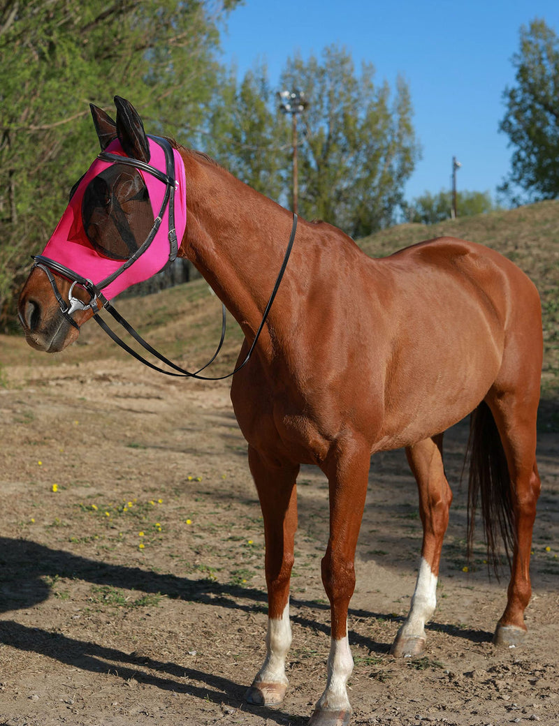 Horse Fly Mask with Ears, UV Protection, Breathable Mesh, Snug Fit Wear Under Halter, Fly Mask for Horses Hot Pink Full Size Large