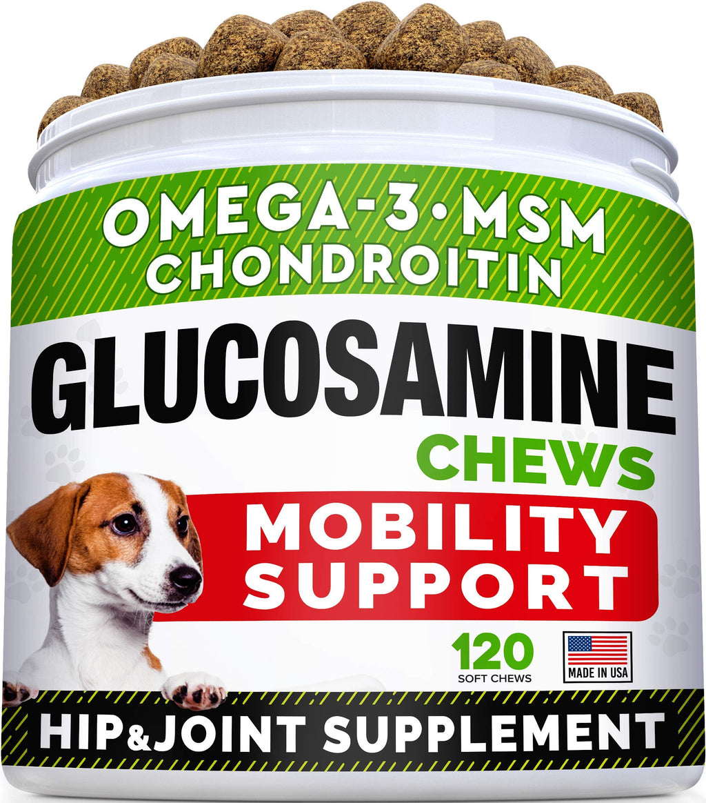 Glucosamine Treats for Dogs - Joint Supplement w/Omega-3 Fish Oil - Chondroitin, MSM - Advanced Mobility Chews - Joint Pain Relief - Hip & Joint Care - Chicken Flavor - 120 Ct - Made in USA 120 Treats (Pack of 1)