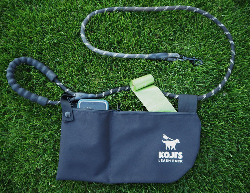 Koji's Leash Pack with Zippers | Hands-Free Dog Waste Carrier & Organizer | Anti-Swing Hammock Pouch for Used Poop Bags, Phone, & Keys | Secure Attachment for Running, Hiking & Walking (Made in USA) Black - PawsPlanet Australia