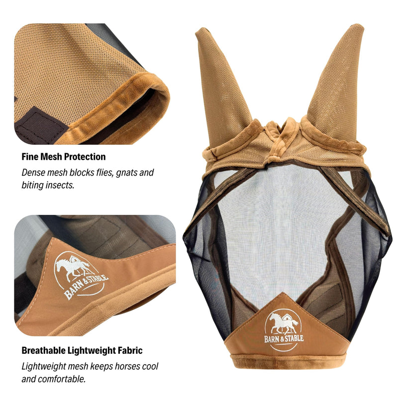 BARN & STABLE Fine Mesh Horse Fly Mask with Ears Lightweight UV Protection Fly Mask for Horses Large 3D Eye Space with Soft Fleece Trim Adjustable Straps Gold