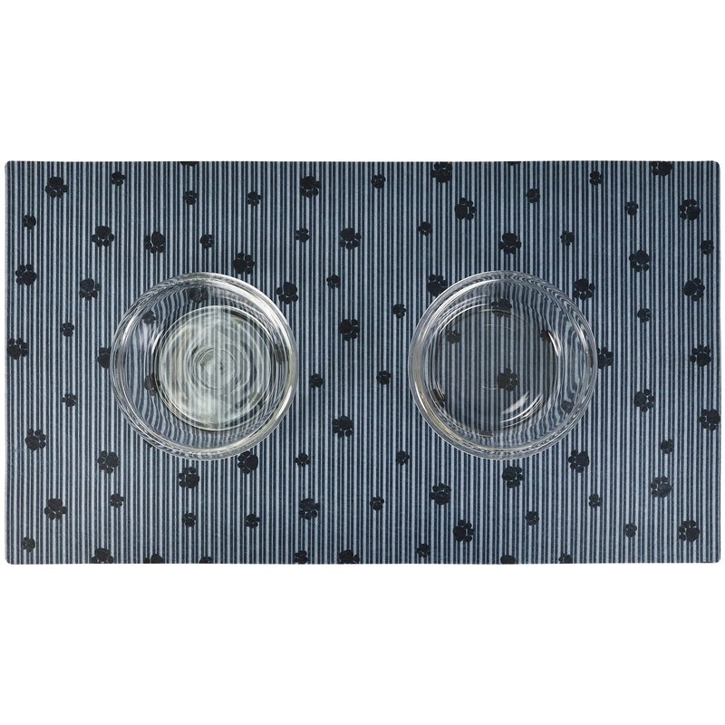 Drymate Pet Bowl Placemat, Dog & Cat Food Feeding Mat - Absorbent Fabric, Waterproof Backing, Slip-Resistant - Machine Washable/Durable (USA Made) (16” x 28”) (Grey Stripe Black Paw) Large (16" x 28") Grey Stripe Black Paw