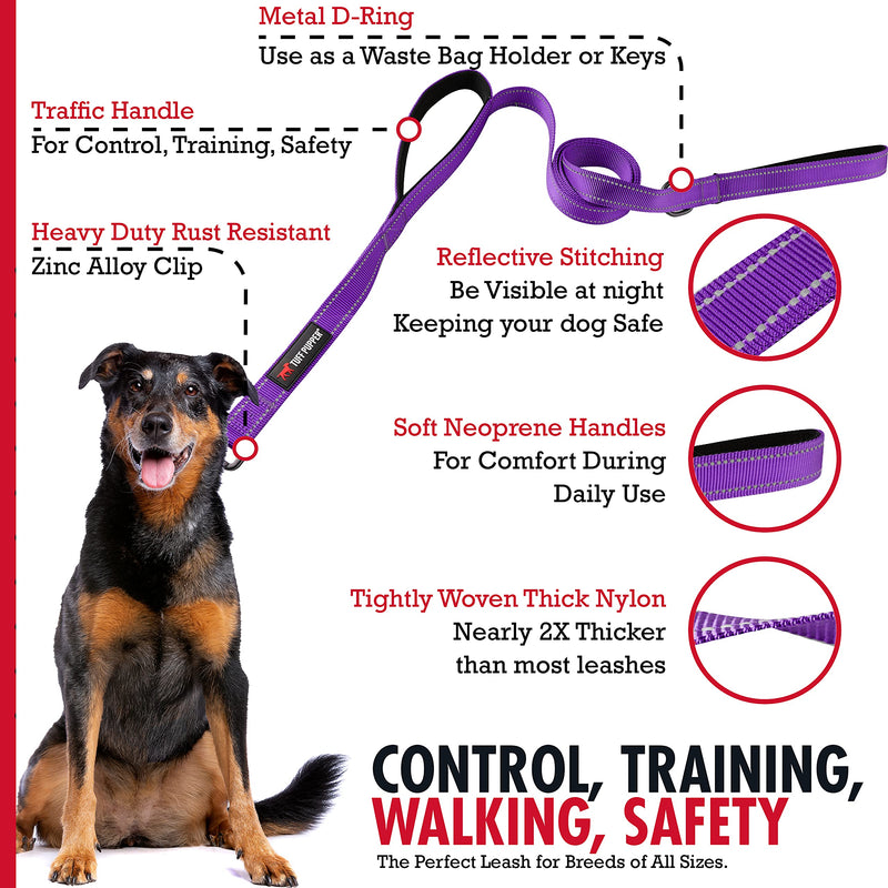 Tuff Pupper Heavy Duty Double Handle Leash | Twist Locking Carabiner Clip | Safety Lock for Strong Dogs | Reflective for Safe Night Walks | 6 Foot Leash | For Medium & Large Dogs Purple - PawsPlanet Australia