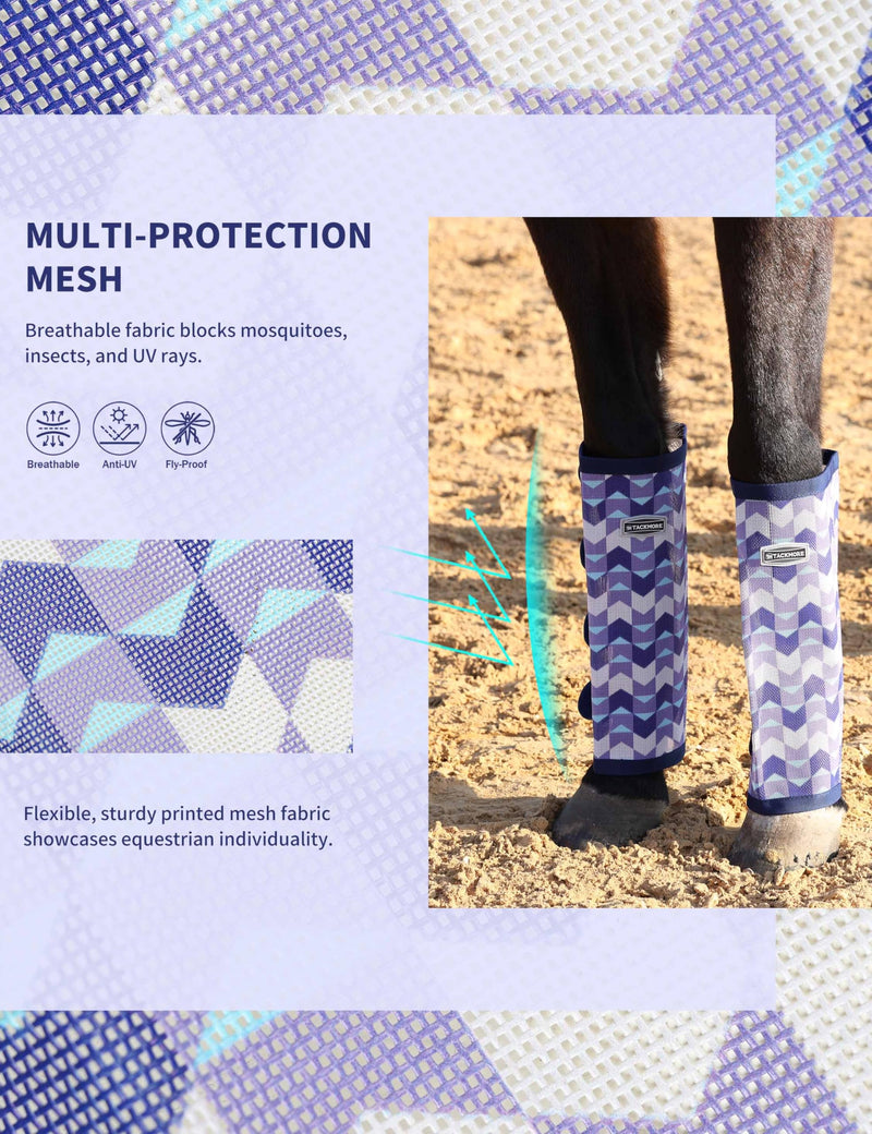 Tackmore Horse Fly Boots, Loose-Fitting Breathable Mesh Fly Leggings for Horses, Anti-Sag Stomp-Reducing Set of 4 Purple Waves Medium