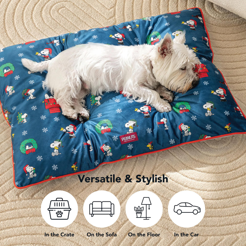 Berkshire Peanuts® Square Dog Bed, Suedemink Fleece Pet Mat with Waterproof & Non-Slip Bottom, Soft Plush Dog Mat for Crate, Couch, or Floor, Machine Washable(Snoopy Best Christmas Icons, Medium) Snoopy Best Christmas Icons Opened Up Small Navy - PawsPlanet Australia
