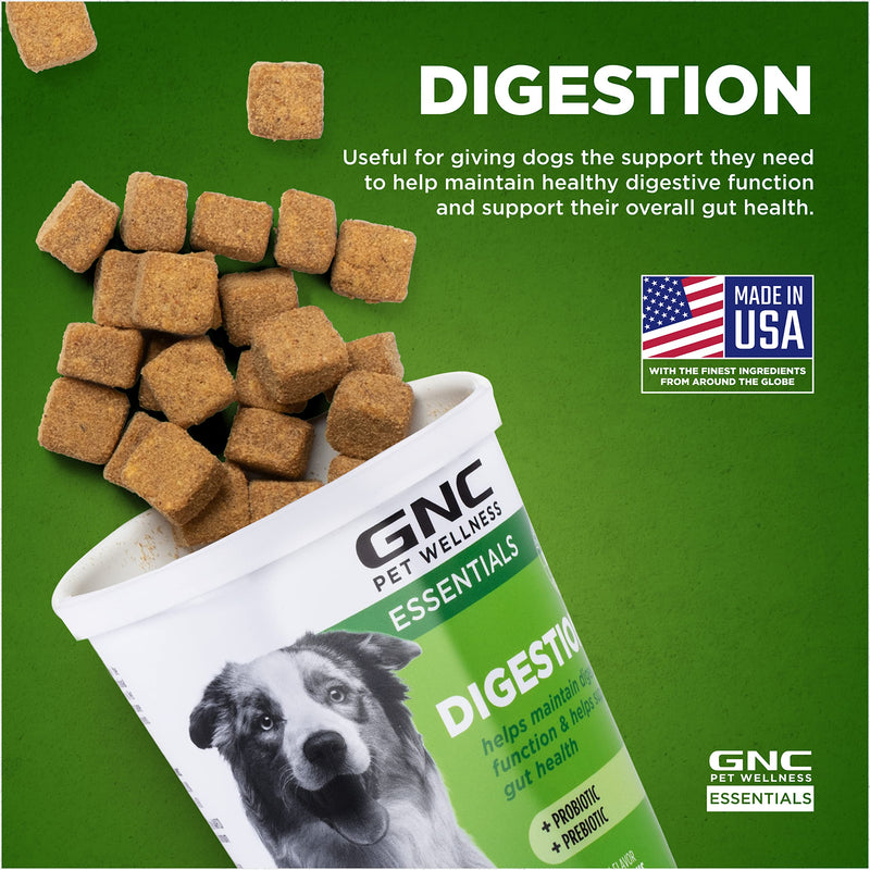 GNC Pets Essentials Digestion Supplements for All Dogs 60ct 2.2g Soft Chews Bacon Flavor 12oz Reusable Container | Daily Supplements for Dogs Digestion (FF15595) 60 Count (Pack of 1)