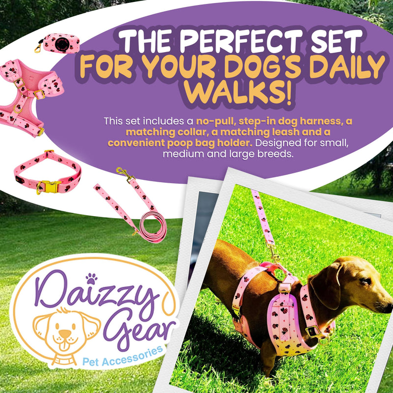 Medium Dog Harness and Leash Set – No Pull Harness, Leash, Collar & Poop Bag Holder – Matching Set with Gold Hardware – Breathable, Adjustable, Stylish, and Comfortable for Daily Walks - Pink Bees Medium - PawsPlanet Australia
