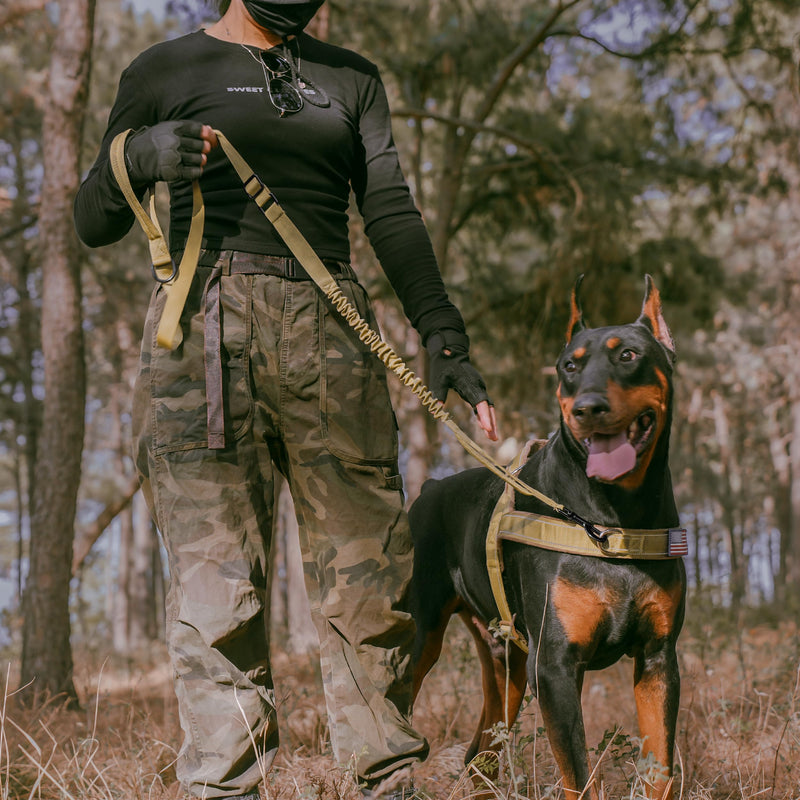 Forestpaw Tactical Dog Leash for Large Dogs,Heavy Duty Bungee Dog Leash with Shock Absorption,2 Padded Handles for Training Running Walking,Adjustable 4-5FT,Khaki Khaki Length:4-5FT,Width 1"