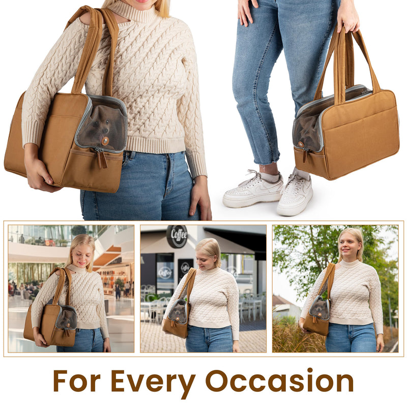 Dog Purse Carrier for Small Dogs – Cotton Padded Interior, Multiple Pockets, Breathable Mesh & Comfortable Strap – Durable Polyester Travel Bag, Lightweight Cat Carrier - Versatile Small Pet Bag brown - PawsPlanet Australia