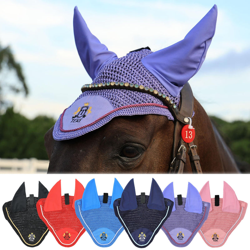 T TEKE Gorgeous Horse Ear Bonnet, 68% Viscose + 32% Acrylic Hand Crocheted mesh with Stylish Piping, Spandex Ears Horse (12-15.3HH) Lavender