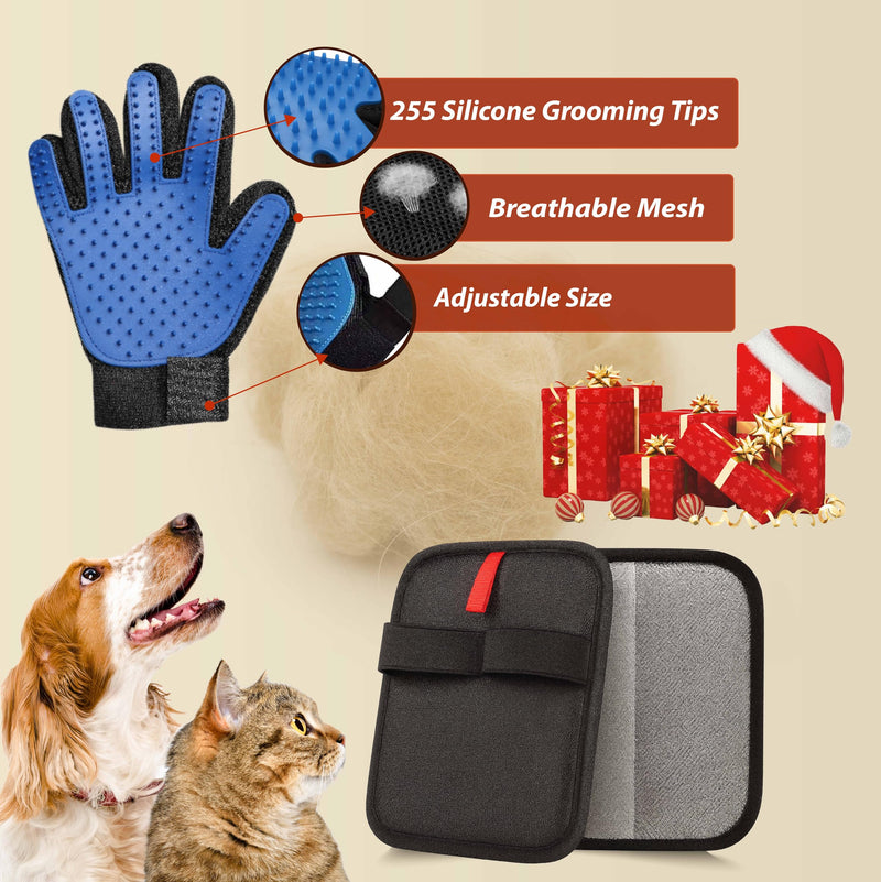3-PCS Pet Grooming Set – 255-Tip Deshedding Gloves for Dogs & Cats, Gentle Massage Mitt & Hair Remover Brush (Left & Right Hand) + Electrostatic Pet Hair Remover Glove for Furniture & Clothes - PawsPlanet Australia