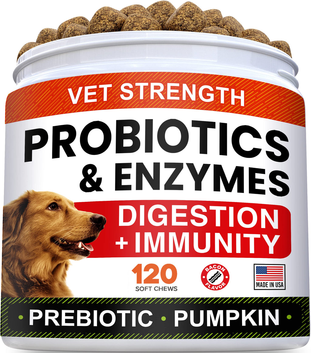 Vet Strength Dog Probiotics Treats - 1 Billion CFU + Digestive Enzymes + Prebiotics - Chewable Fiber Supplement w/ Pumpkin - Allergy, Diarrhea, Gas, Constipation, Upset Stomach Relief - Chicken