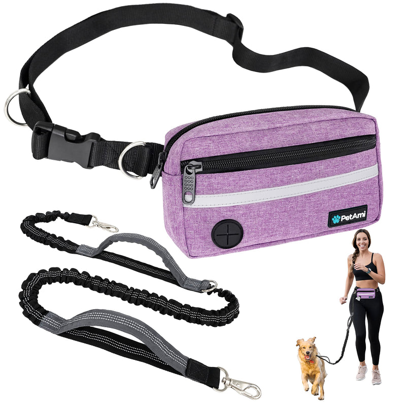 PetAmi Hands Free Dog Leash, Dog Running Leash Belt for Walking Jogging, Dog Waist Zipper Pouch Fanny Pack with Poop Bag Dispenser, Dual Padded Handle Bungee Leash for Small Medium Large Dogs, Single 1 Leash Purple