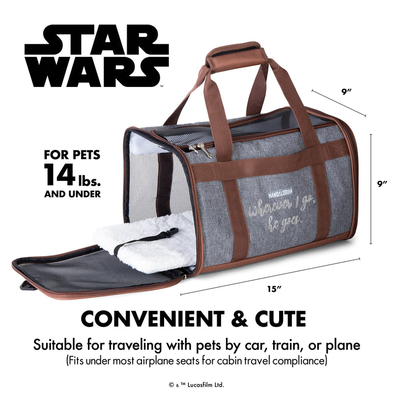 Star Wars for Pets The Mandalorian Soft Pet Carrier “Wherever I go, he goes” Gray & Brown | for Pets 15 x 9 x 9 Dog Travel Bag| Luggage Carrier for Dogs, Fits Under Plane Seat (FF19733) Mandalorian Carrier 15.0"L x 9.0"W x 9.0"H - PawsPlanet Australia