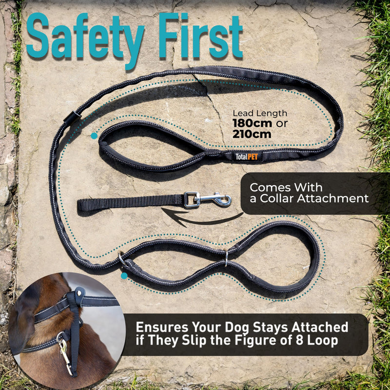 Total Pet Figure of 8 Dog Lead - Flat Anti Pull Stop Dogs Pulling – Slip Leads Reflective with Padded Nose Support (180cm) Black 180cm