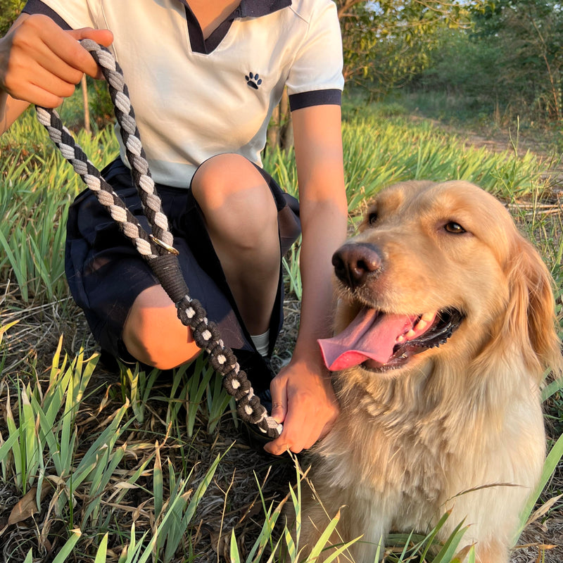 Handmade 5ft Braided Cotton Dog Leash with Unique Floral Handle, Durable and Stylish, Ideal for Small to Large Dogs, Black - PawsPlanet Australia