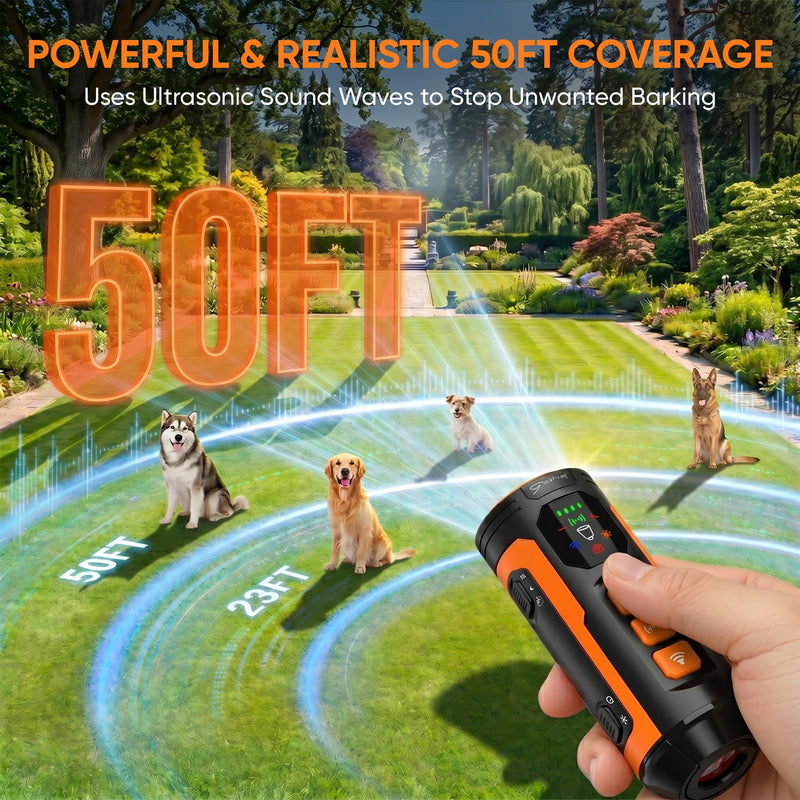 Ultrasonic Dog Bark Deterrent Device, Anti Barking Device for Dogs, Digital Display, 3 Emitters, 50FT Range, Rechargeable Bark Control Trainer w/ Flashlight, Stop Barking Device, Indoor & Outdoor