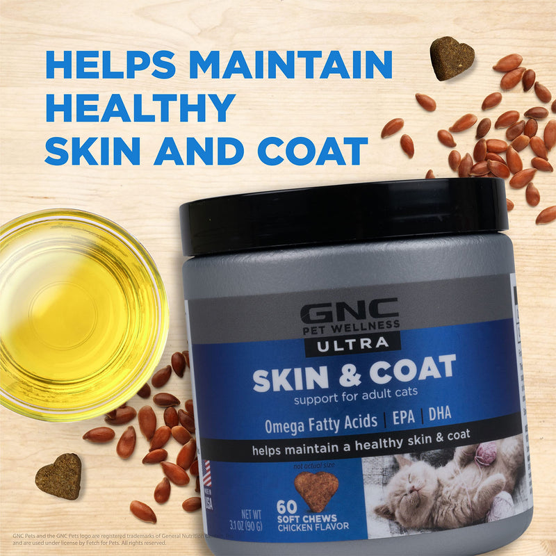 GNC Pets Ultra Skin & Coat Soft Chews, Cats, Chicken Flavor. 60-ct in an 8-oz Canister | Skin and Coat Supplements for Cats in Chewable Chicken Flavor 60 Count