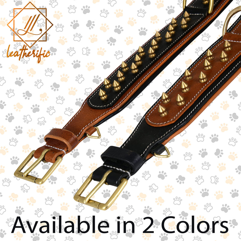 Genuine Leather Dog Collar by Leatherific, Premium Bridle Leather, Heavy Duty, Padded, Strong, Screwed Spikes, Medium, Large, Extra Large Breeds, 2" Wide (Charcoal, Neck Size 22"-26") Charcoal Neck Size 22"-26" - PawsPlanet Australia