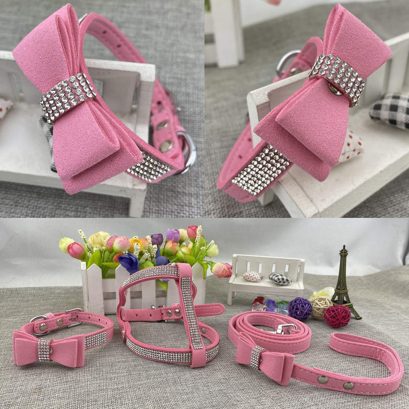 Bowtie Dog Collar & Harness & Lead Sets Comfortable Soft Puppy Collar Diamante with Harness and Leashes Set for Dog - Pink - S - PawsPlanet Australia
