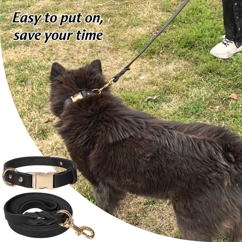 LWBMG 5FT Leather Dog Collar and Leash Set, Heavy Duty Dog Leash and Collar with Metal Buckle,Adjustable Pet Collar and Leash, Soft Pet Leash and Collar Set for Small Medium Dogs Black S:Fit Neck:8.86~13.2''