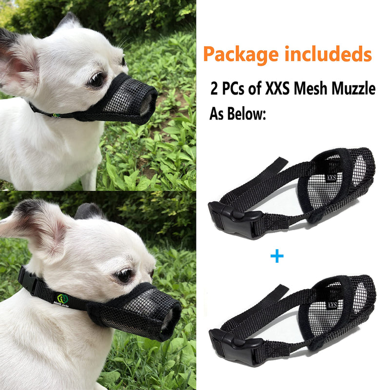 Dog Muzzle 2PCs,Soft Air Mesh Muzzle Breathable for Barking Grooming Biting Chewing for Small Medium Breeds, Barkless Mesh Muzzle Stop Puppy Eating Poop&Rocks XXS XS S (Black,Black) Black XXS-2PCs