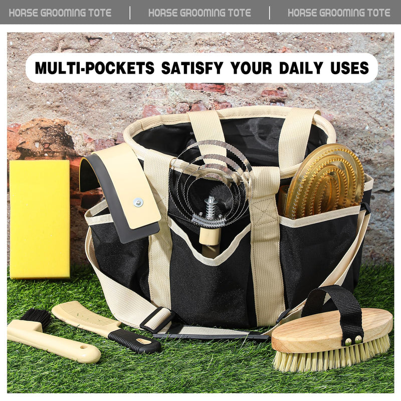 Abbylike Grooming Tote Bag for Horses and Dogs Organize Tack Tools Equestrian Grooming Kit Care Portable with Multiple Pockets for Supplies (Stylish,10.63 x 10.63 x 9.45 Inch,Khaki and Black) Khaki and Black 10.63 x 10.63 x 9.45 Inch Stylish - PawsPlanet Australia