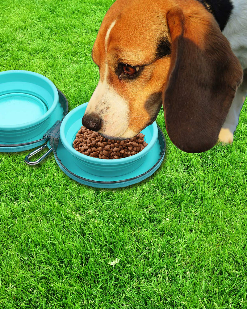 KALLAK Collapsible Silicone Twin Dog Bowls with Zipper Silicone Case, Foldable Travel Dog Bowls, Expandable Cup Dish, No Spill Non-Skid Silicone Pet Food and Water Feeder Bowl with Carabiner Clip - PawsPlanet Australia