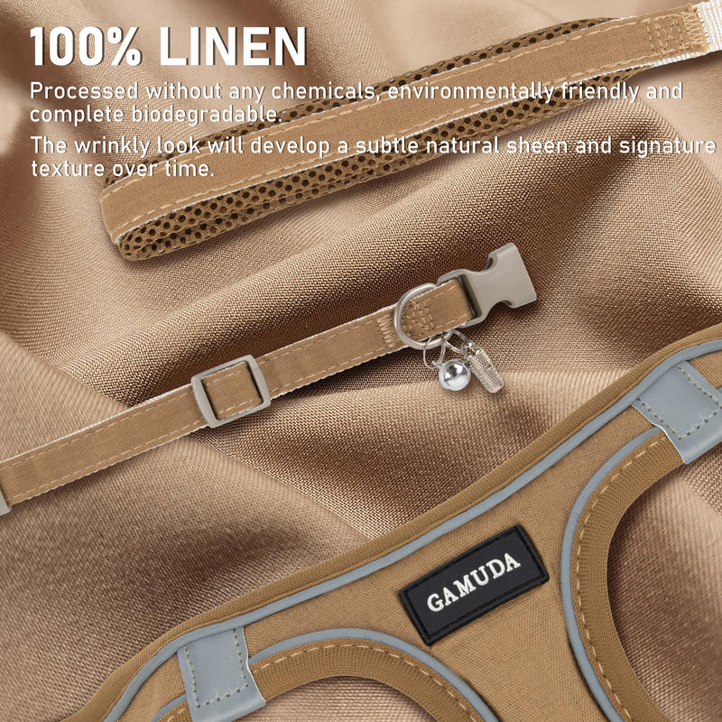 GAMUDA Small Pet Harness Collar and Leash Set, Step in No Chock No Pull Linen Fabric Soft Mesh Dog Vest Harnesses Reflective for Dogs Puppy Cats Kitten Rabbit (Brown, XS) Brown - PawsPlanet Australia