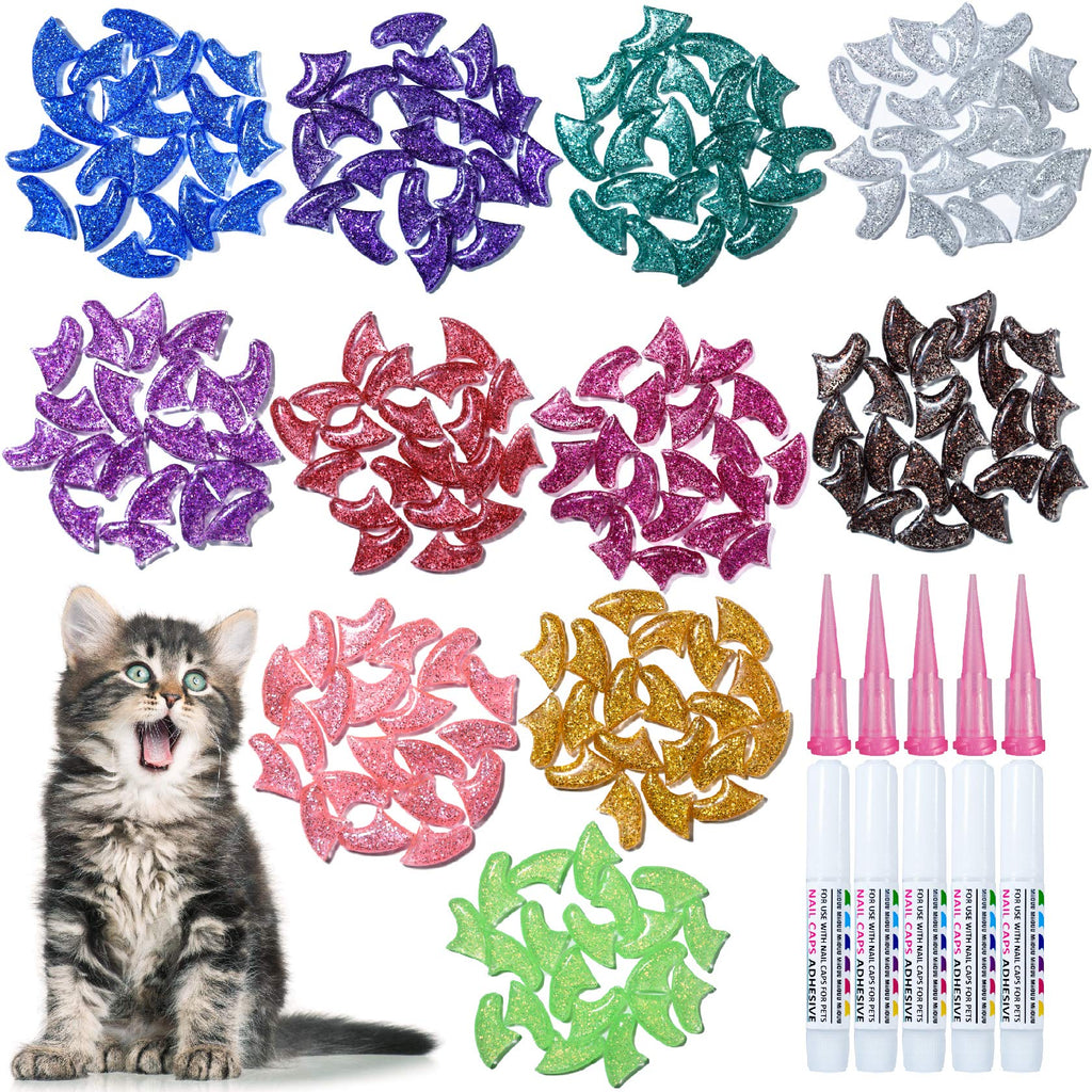 100 pcs Cat Nail Caps | Cat Claw Covers with Adhesives and Applicators | 5X Different Glitter Colors (S) S