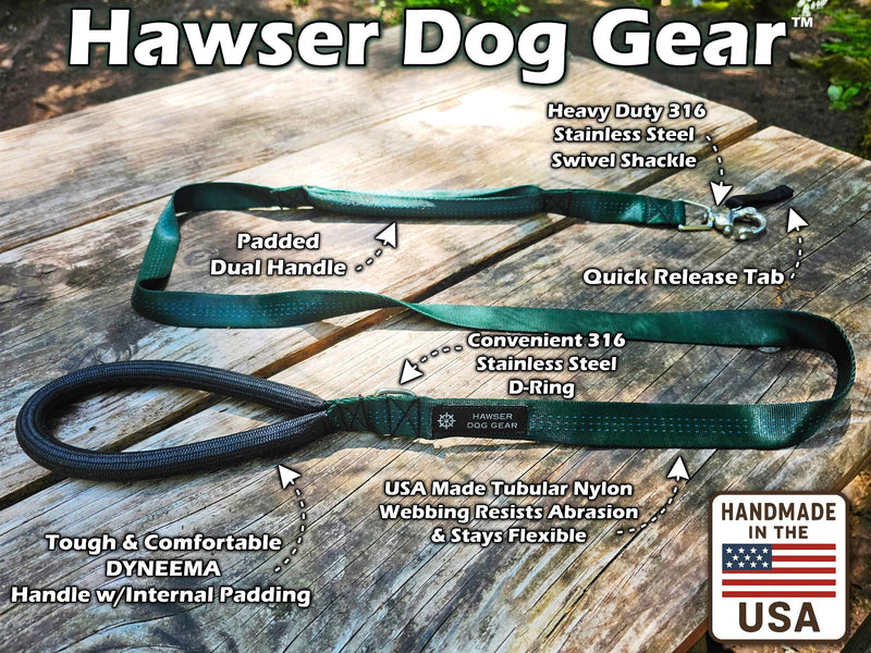 Heavy-Duty 6ft Dog Leash – Quick Release Snap, Dyneema Handle, Waterproof, 316 Stainless, Handmade USA (Hunter Green) Hunter Green - PawsPlanet Australia