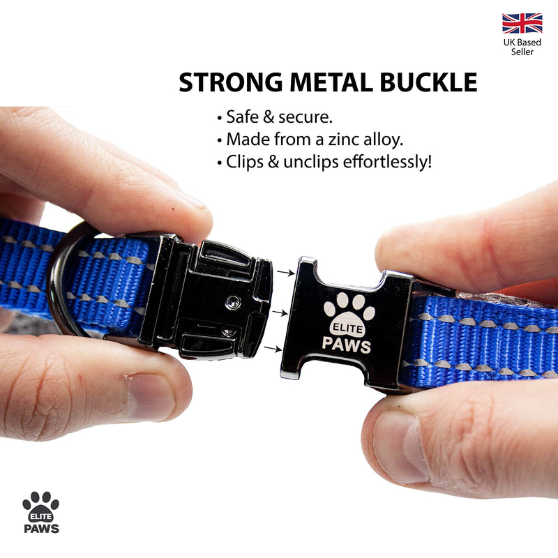 Elite Paws® UK: Premium Metal Buckle Dog Collar, Strong, Safe, Padded, Comfortable, Reflective, Adjustable, Secure Fit with Metal Lead Attachment, Puppy Walking/Training Product (50cm-55cm, Blue/Grey) Neck: 50cm-55cm