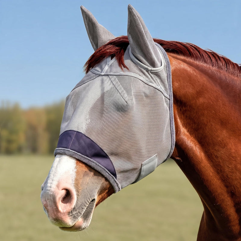 Horse Fly Mask with Ears - UV Protection Fine Mesh Super Comfort Fly Masks for Horses, Adjustable Breathability Horses Masks, Pony Equine Fly Mask for Miniature Foal Draft Cob Srabian Full (Gray, L) Grey